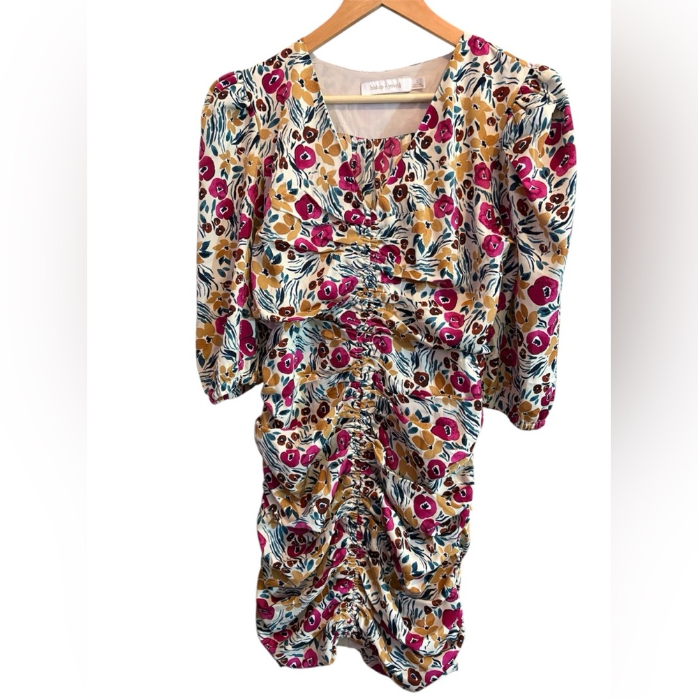 BISHOP + YOUNG LARGE ✨ Floral Ruched Dress with Puff Sleeves like new